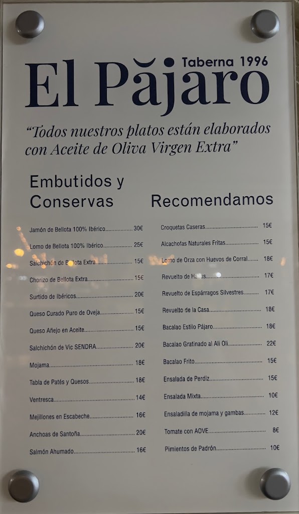 Taberna el Pajaro — Carta