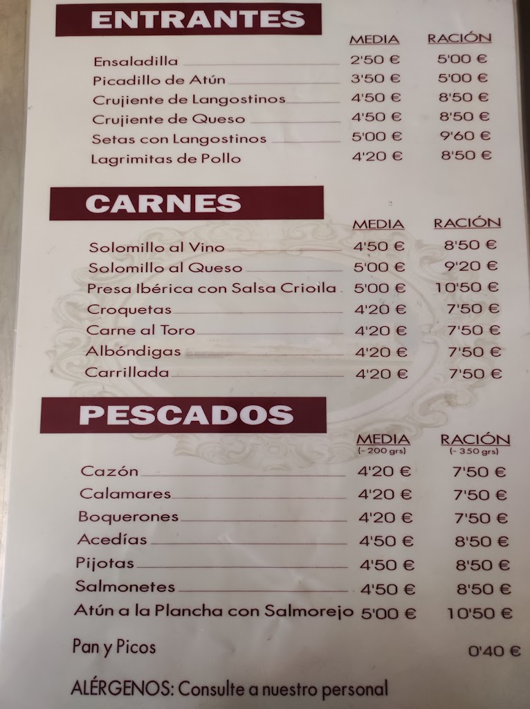 Casa Naca - Bar La Pastora — Carta
