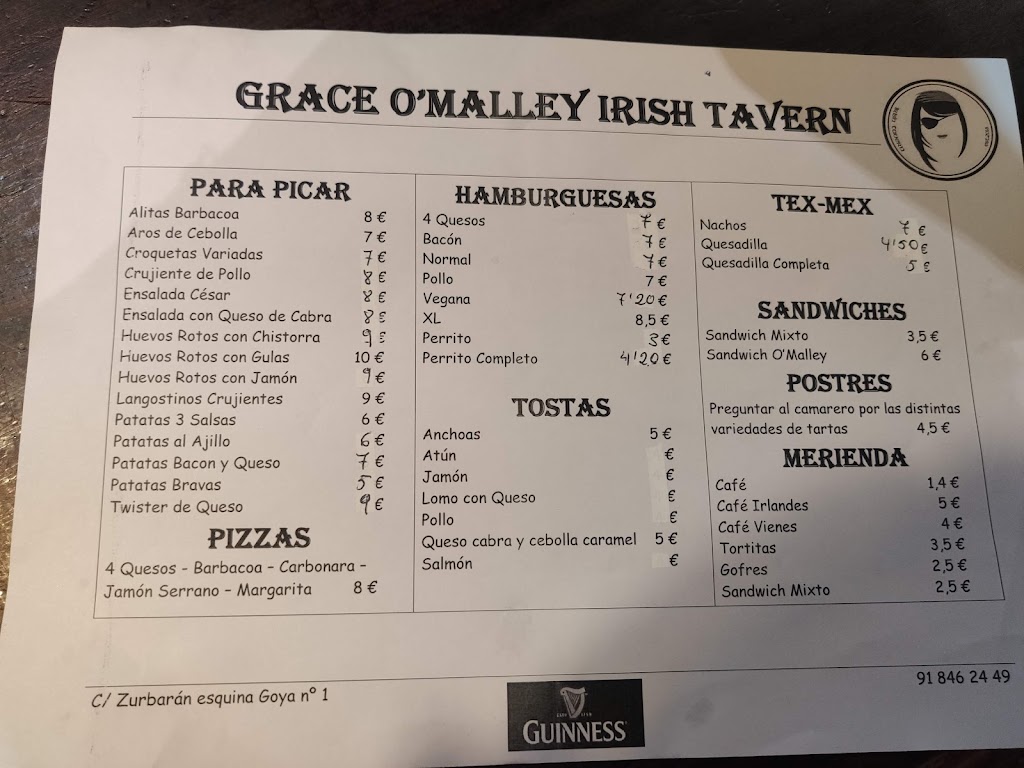 Grace O'malley Irish Pub — Carta