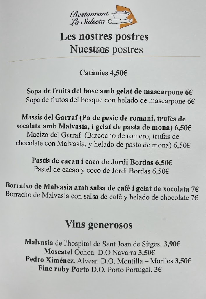 Restaurante La Salseta, Sitges — Carta