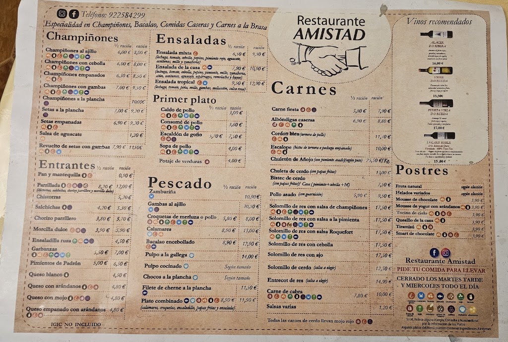 Restaurante Amistad — Carta