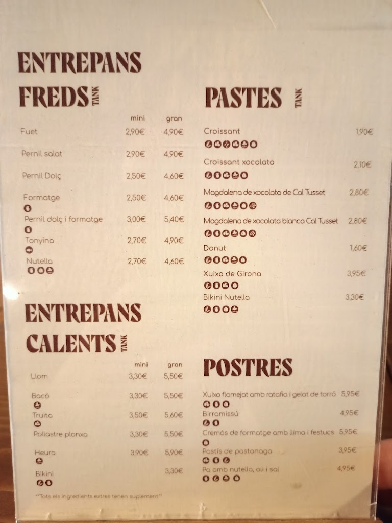 Tank, la birra i els entrepans de Banyoles — Carta