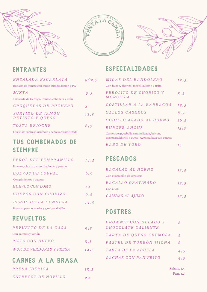 Restaurante Venta La Camila — Carta