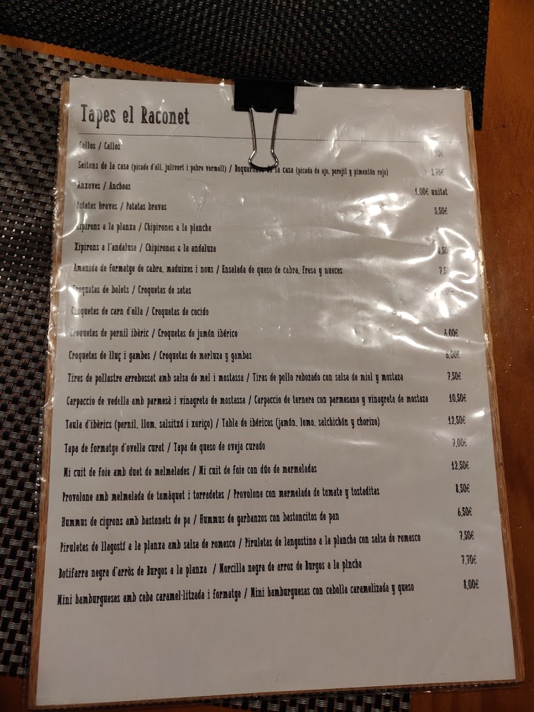 Bar restaurante EL RACONET — Carta