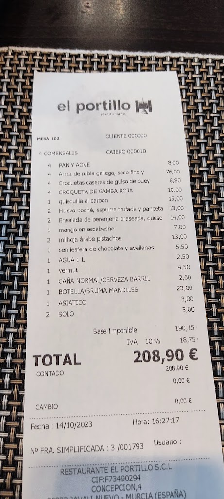Restaurante El Portillo — Carta