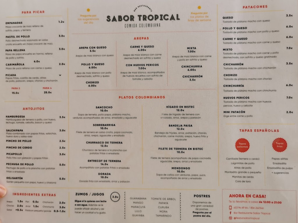 BAR RESTAURANTE SABOR TROPICAL COLOMBIANO — Carta