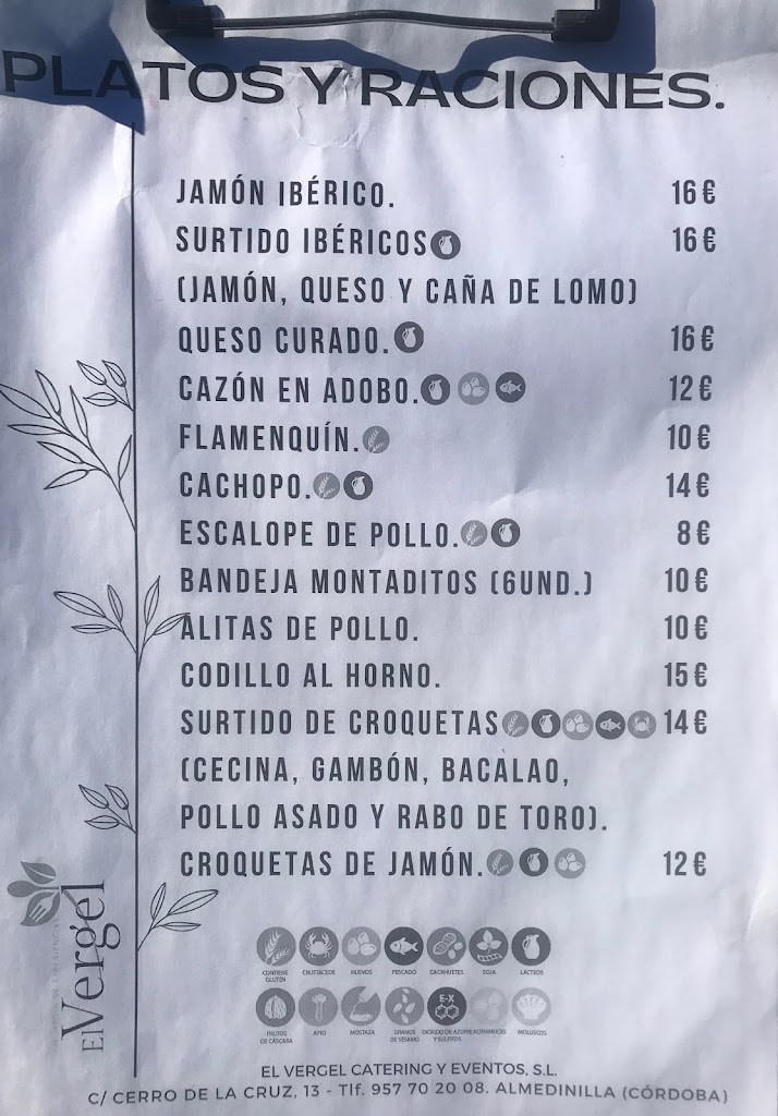 Restaurante "CAMPO DE TIRO" EL VERGEL — Carta