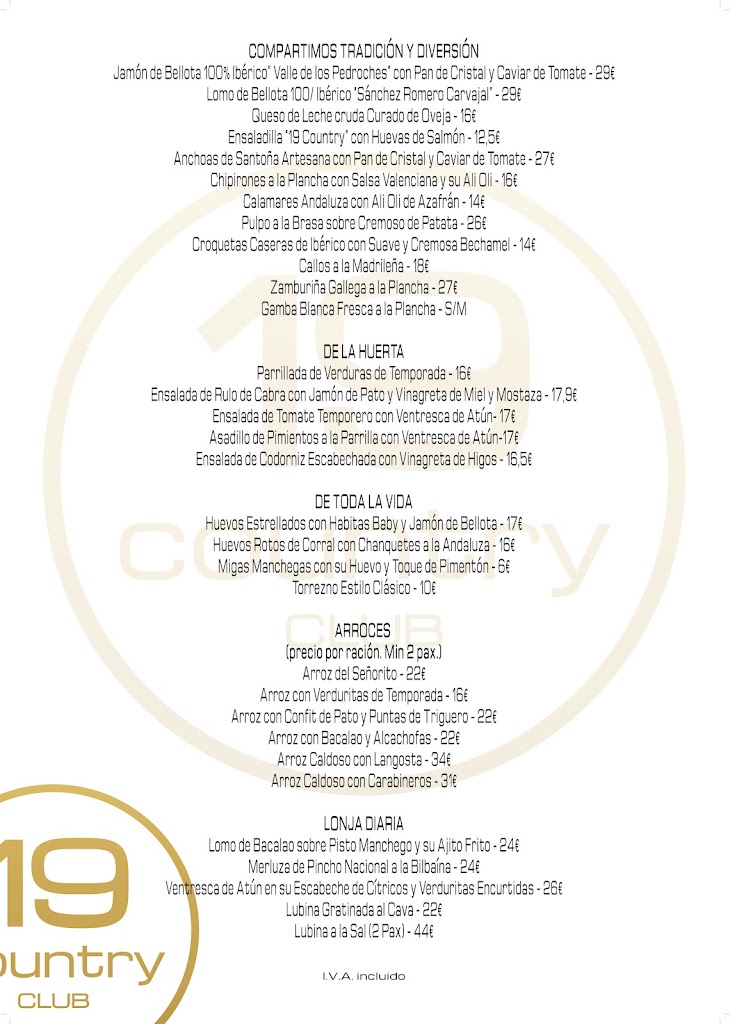 Restaurante - 19 Country Club — Carta
