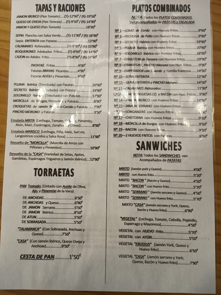 Restaurante Cafeteria Elibissa — Carta