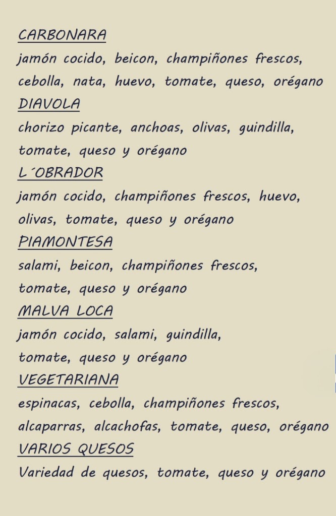 Pizzeria L'Obrador — Carta