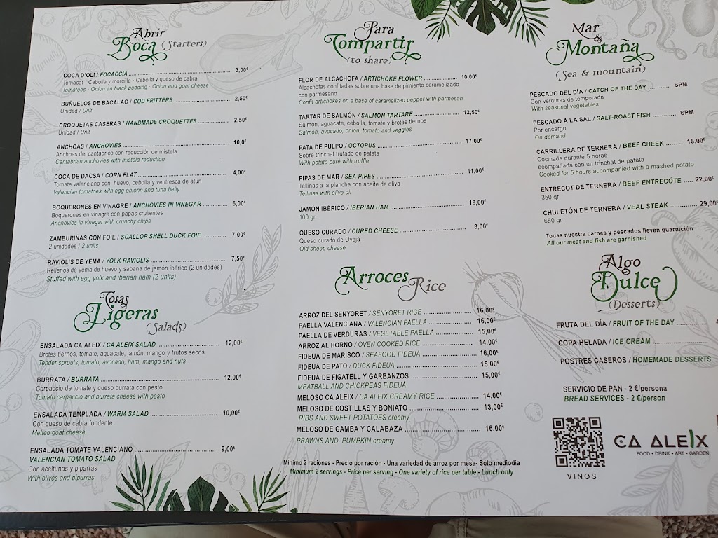 Restaurante Ca Aleix — Carta