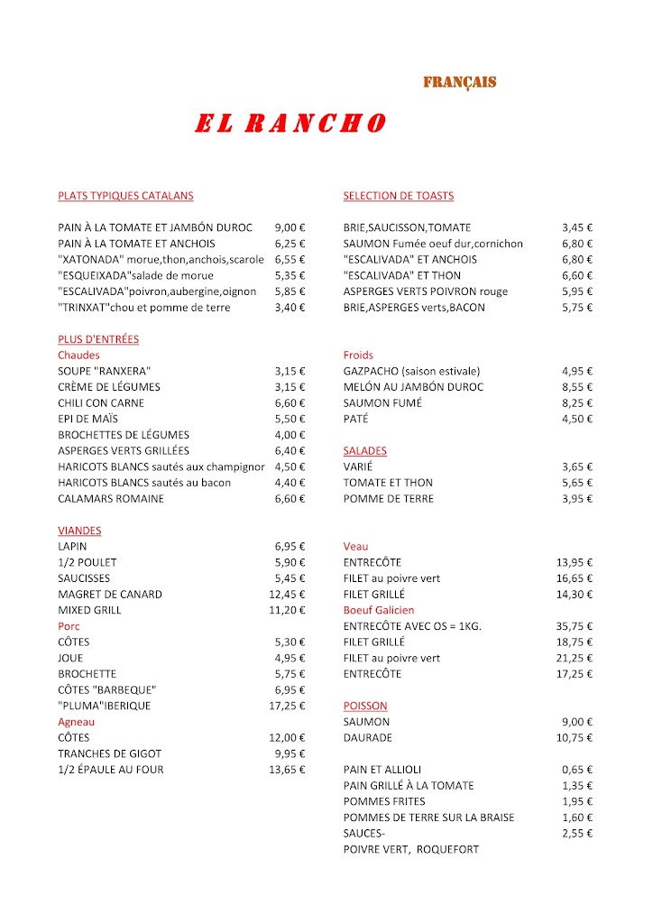 Restaurant El Rancho — Carta