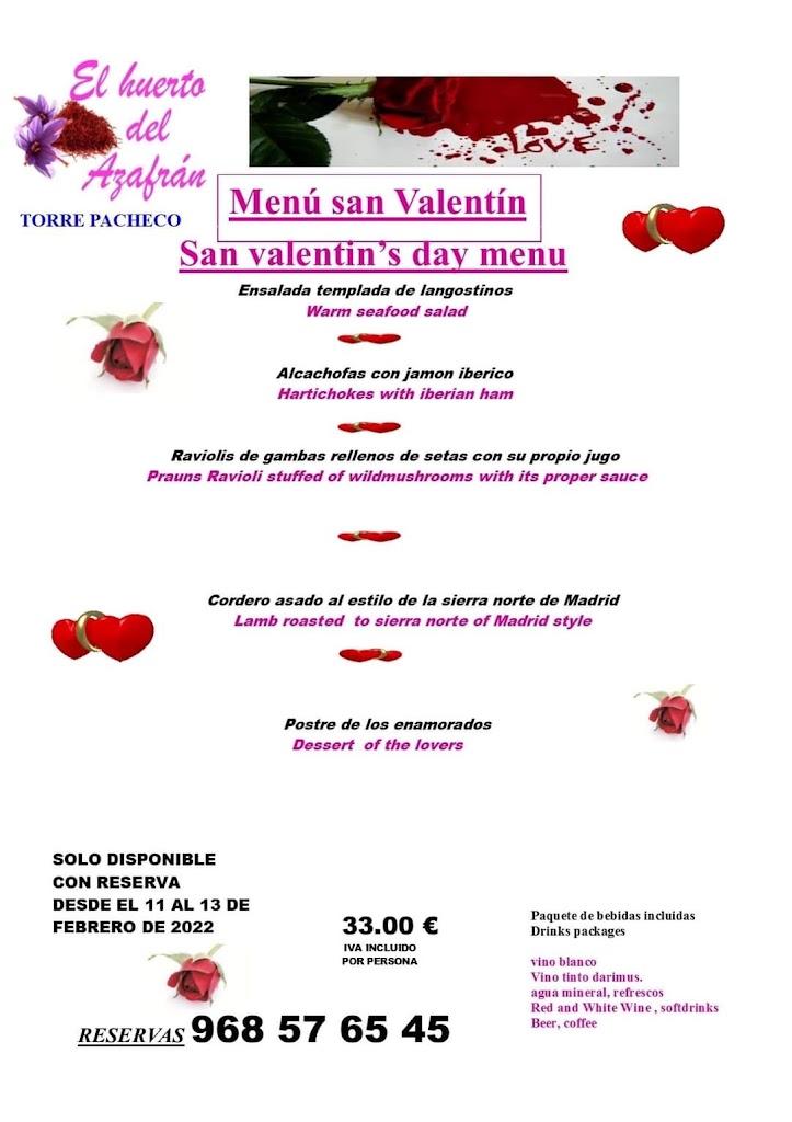 Restaurante El Huerto del Azafran — Carta
