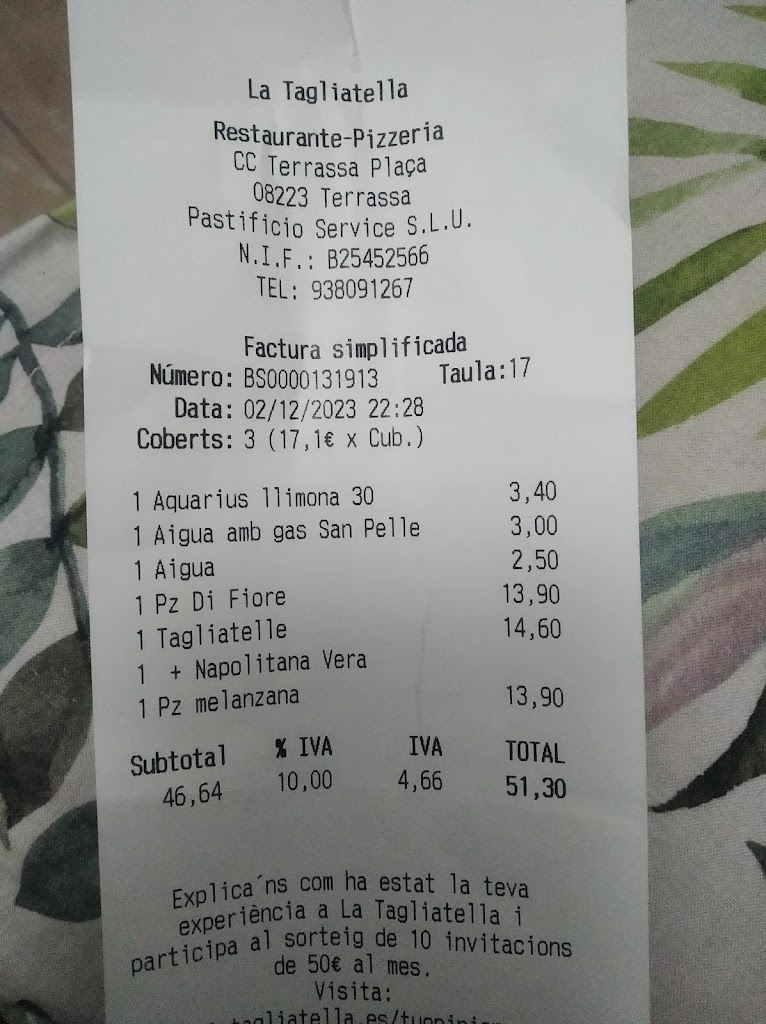 Restaurant La Tagliatella | Terrassa Placa — Carta
