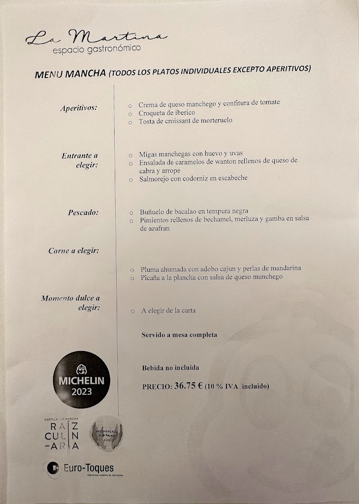 La Martina, Espacio gastronomico — Carta