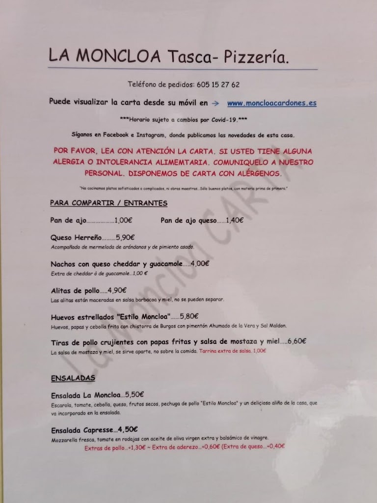 La Moncloa Tasca Pizzeria — Carta