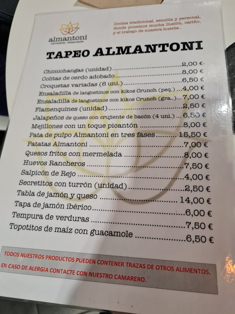 Restaurante ALMANTONI — Carta