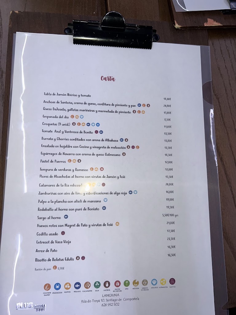 Restaurante Langrina — Carta