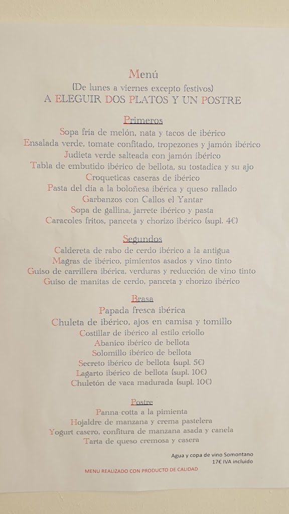 El Yantar Iberico — Carta