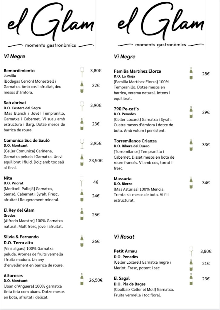 El Glam moments gastronomics — Carta