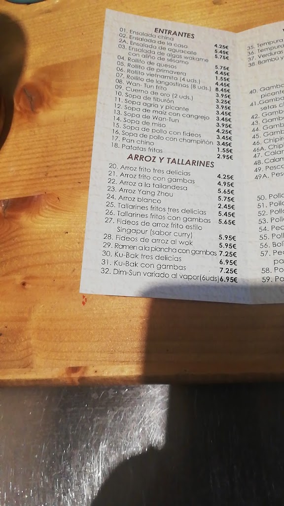 Restaurante Shun Xin — Carta