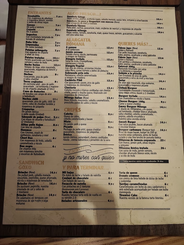 Milonga Restobar — Carta