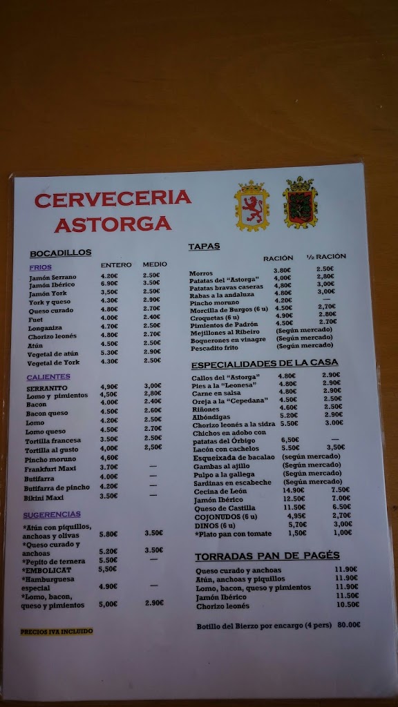 Cerveceria Astorga — Carta
