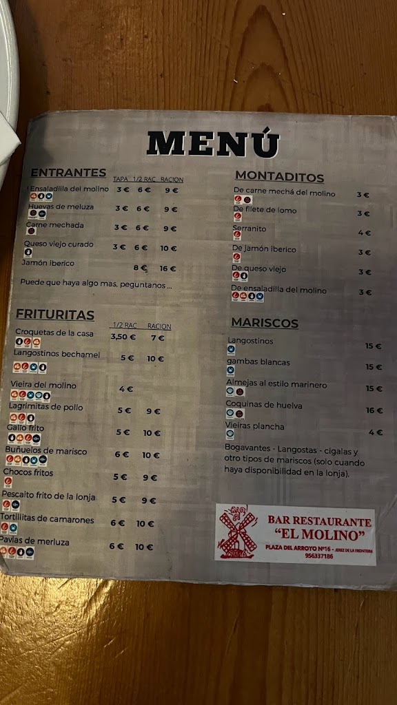 Bar restaurante El Molino — Carta