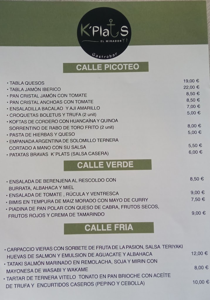 KPLATS Gastrobar — Carta