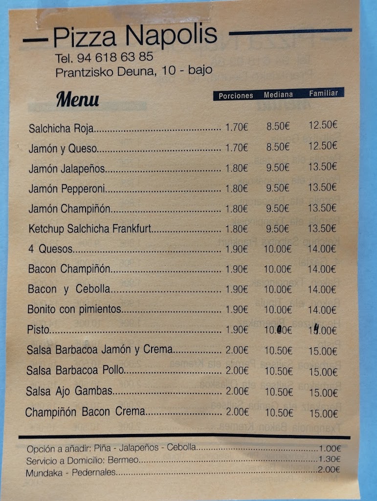 Pizza Napolis — Carta