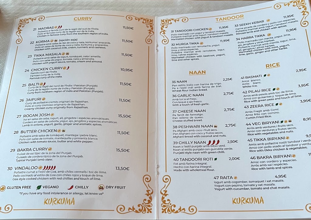 KURKUMA INDIAN RESTAURANT — Carta