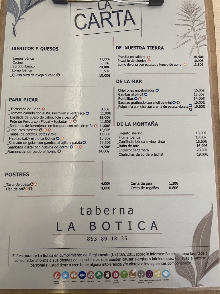 Taberna La Botica — Carta