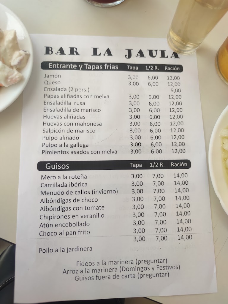 Bar La Jaula — Carta