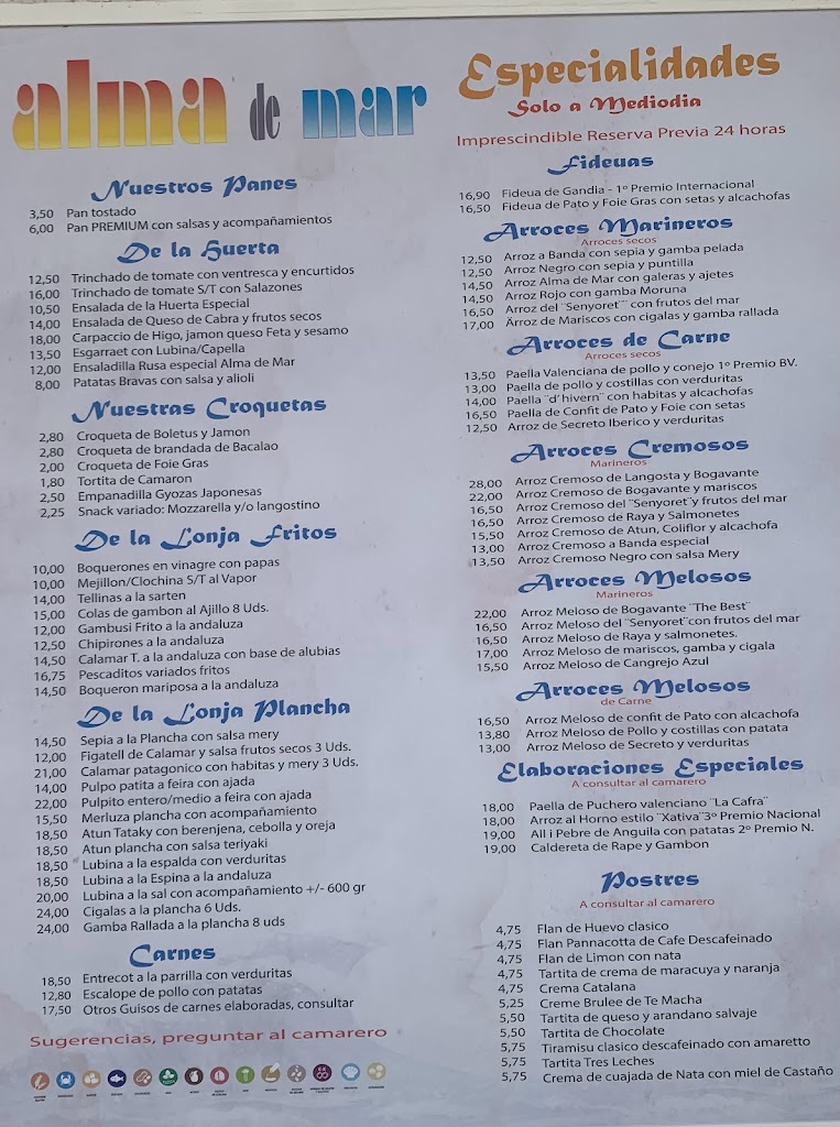 Restaurante Alma De Mar — Carta