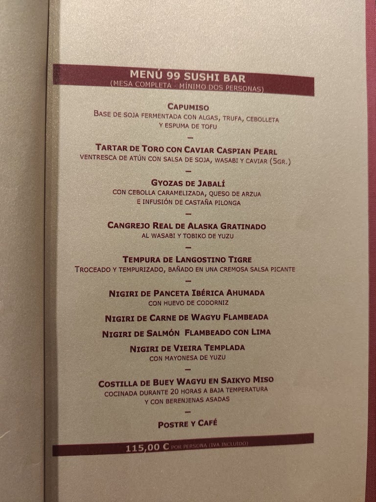 99 Sushi Bar Eurobuilding — Carta