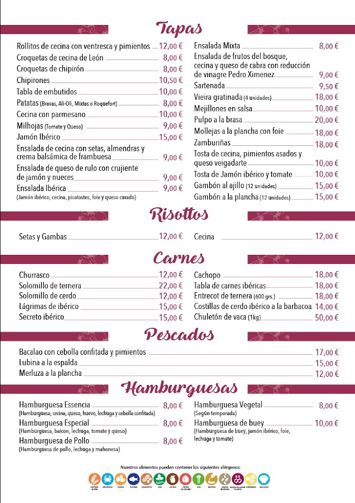 Restaurante Essencia — Carta