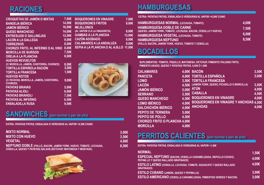 Cafeteria Neptuno — Carta