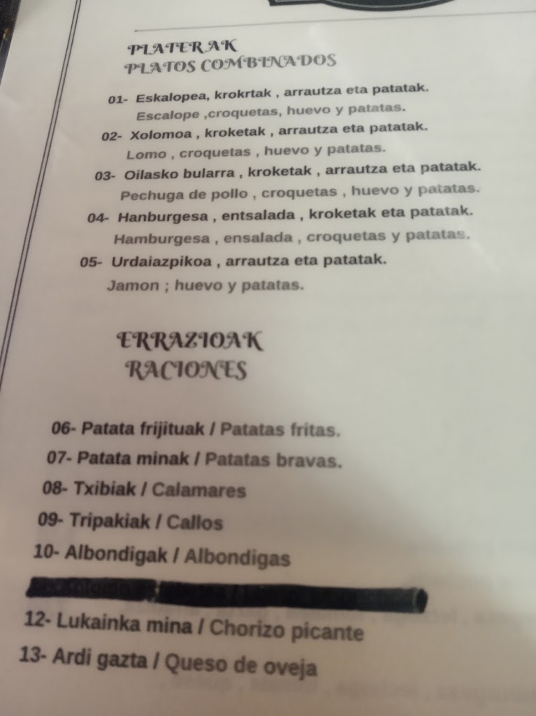 Orbegozo Taberna — Carta