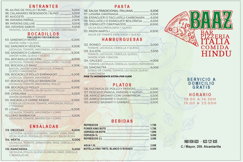 Baaz pizzeria Comida Hindu restaurante — Carta