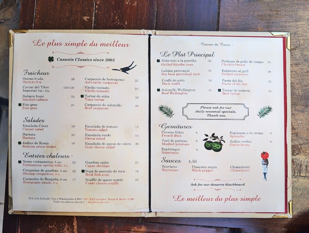 Casanis Bistrot Marbella — Carta
