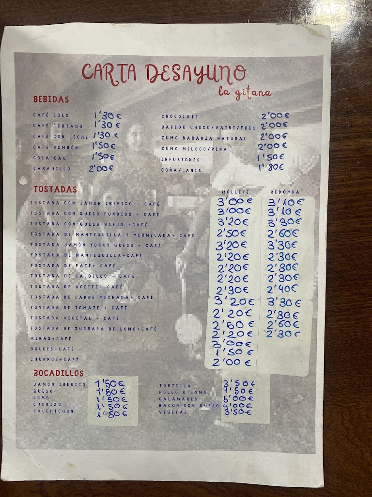 Cafe bar la Gitana — Carta