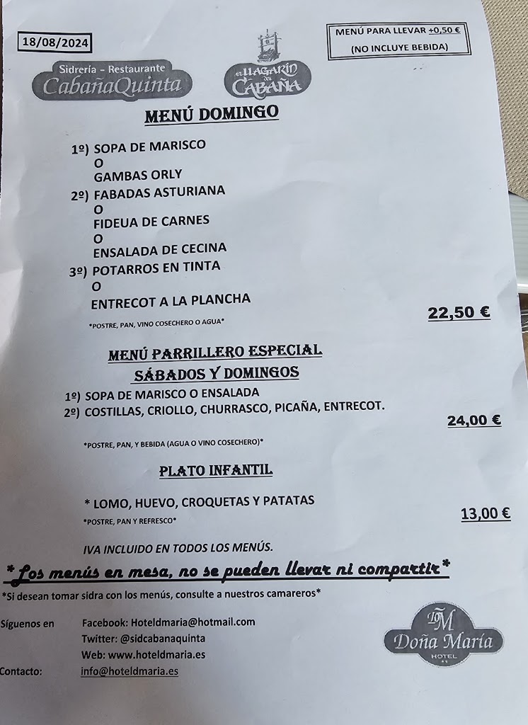 Restaurante Cabanaquinta — Carta