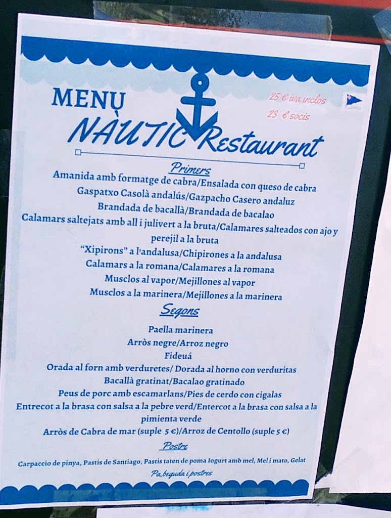 Restaurant Club Nautic Arenys de mar — Carta