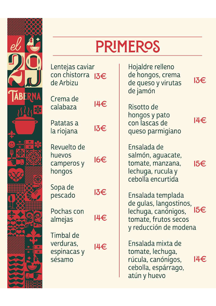 Restaurante Veintinueve 29 — Carta