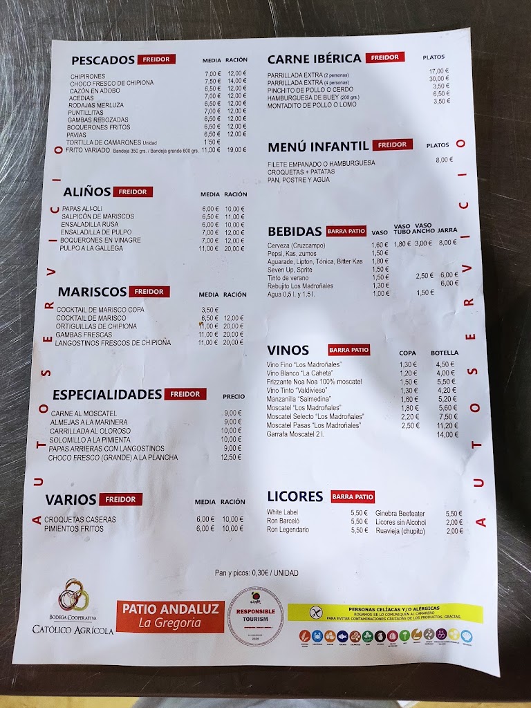 Patio Andaluz La Gregoria — Carta