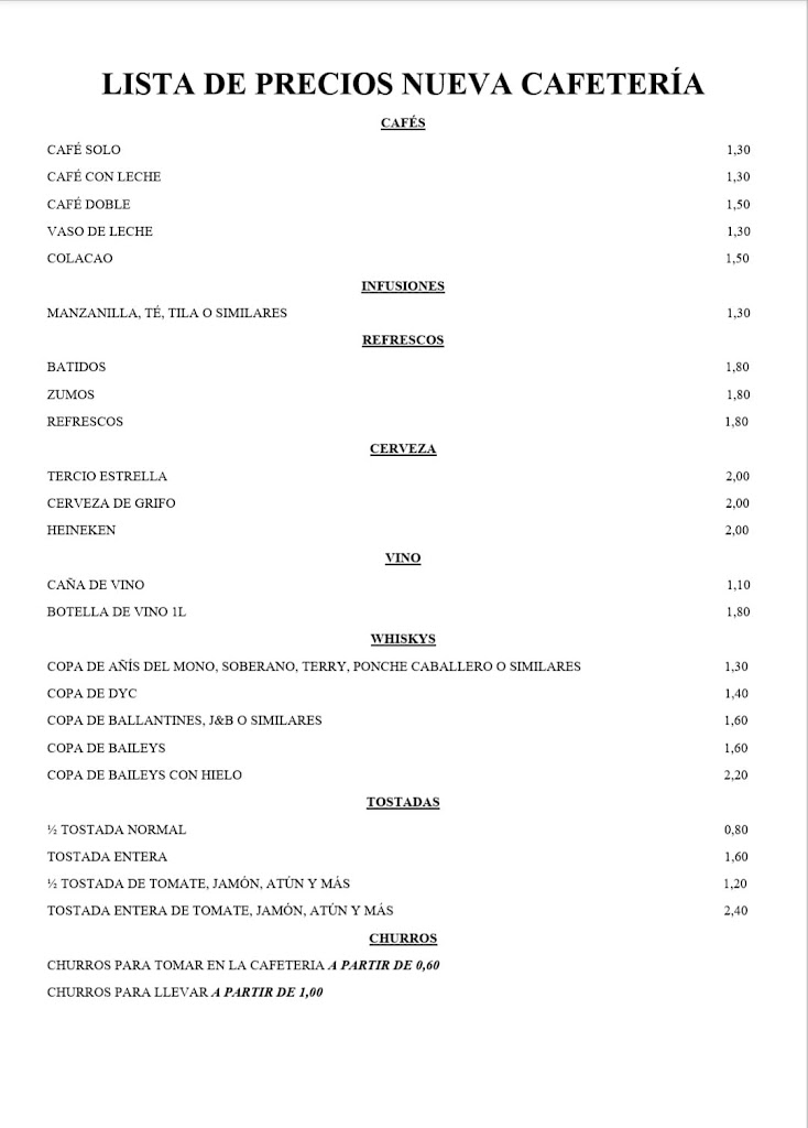 Nueva Cafeteria Churreria — Carta