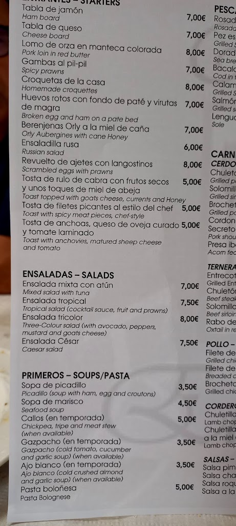 Restaurante Ramirez Moreno El Trapiche — Carta