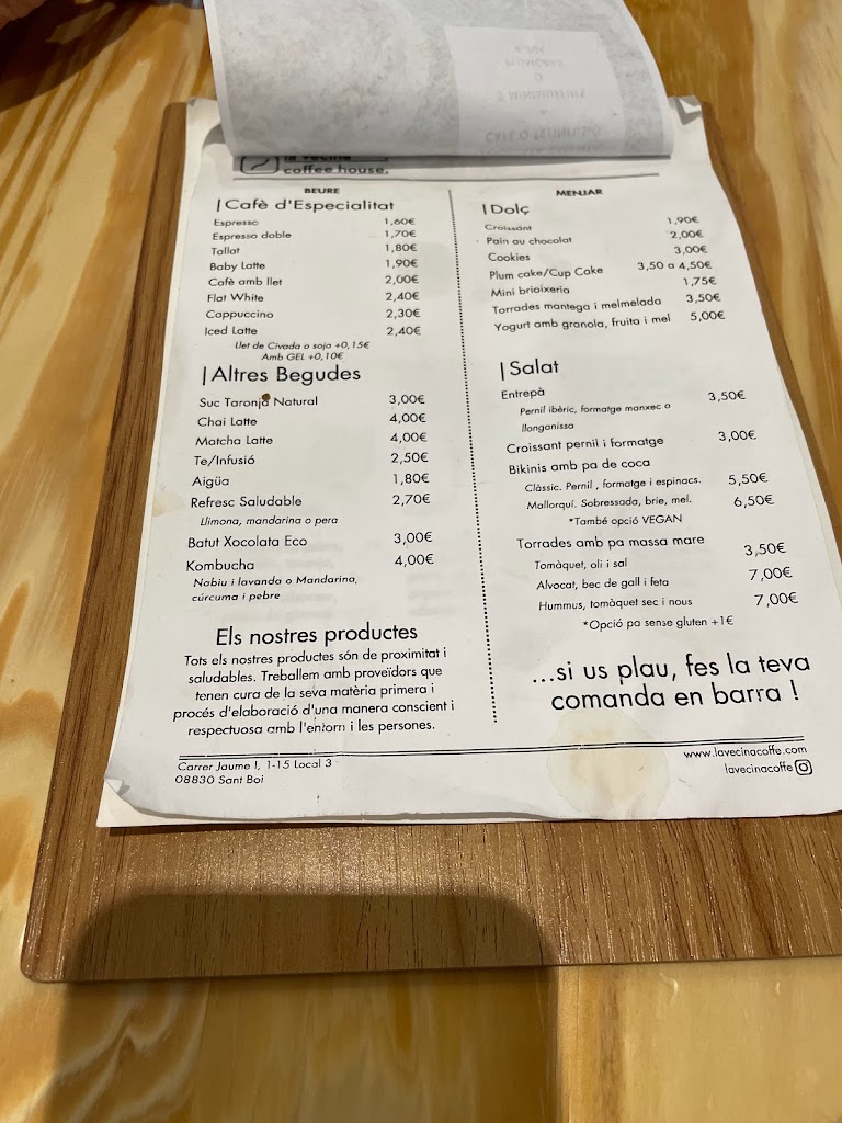 La Vecina Coffee House — Carta
