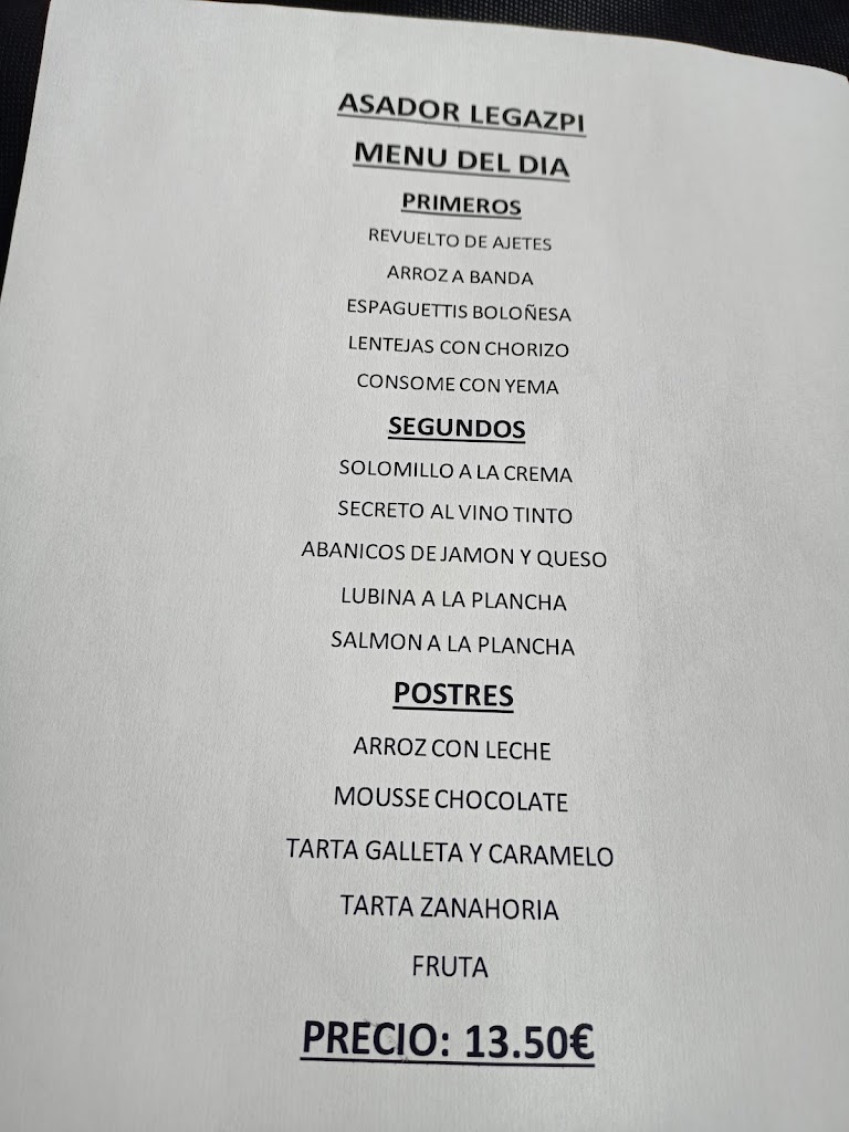 Restaurante Asador Legazpi — Carta