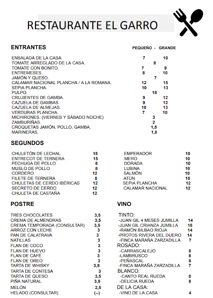 Restaurante El Garro — Carta